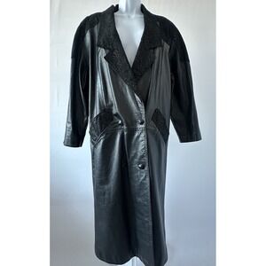 VTG Western Cowgirl Black Leather Stamped Trench Coat Duster Jacket M(b49)